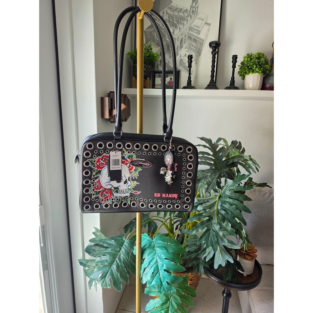 Ed Hardy Black Skull Rose Rhinestone Grommet Shoulder Bag Y2K NWT